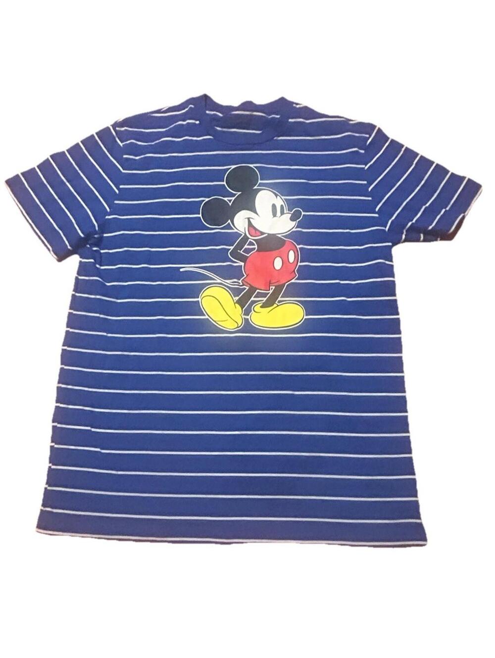 Disney Mickey Mouse T Shirt Mens Large Blue Striped Graphic Tee Classic Cartoon